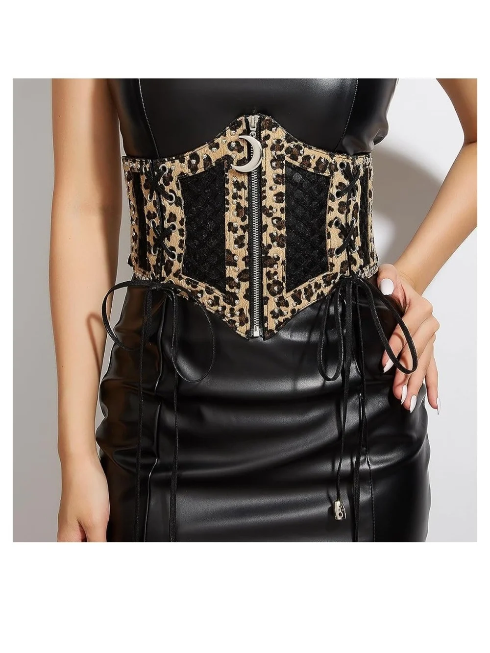 Wide Leopard-Accent Corset Belt in Black and Gold